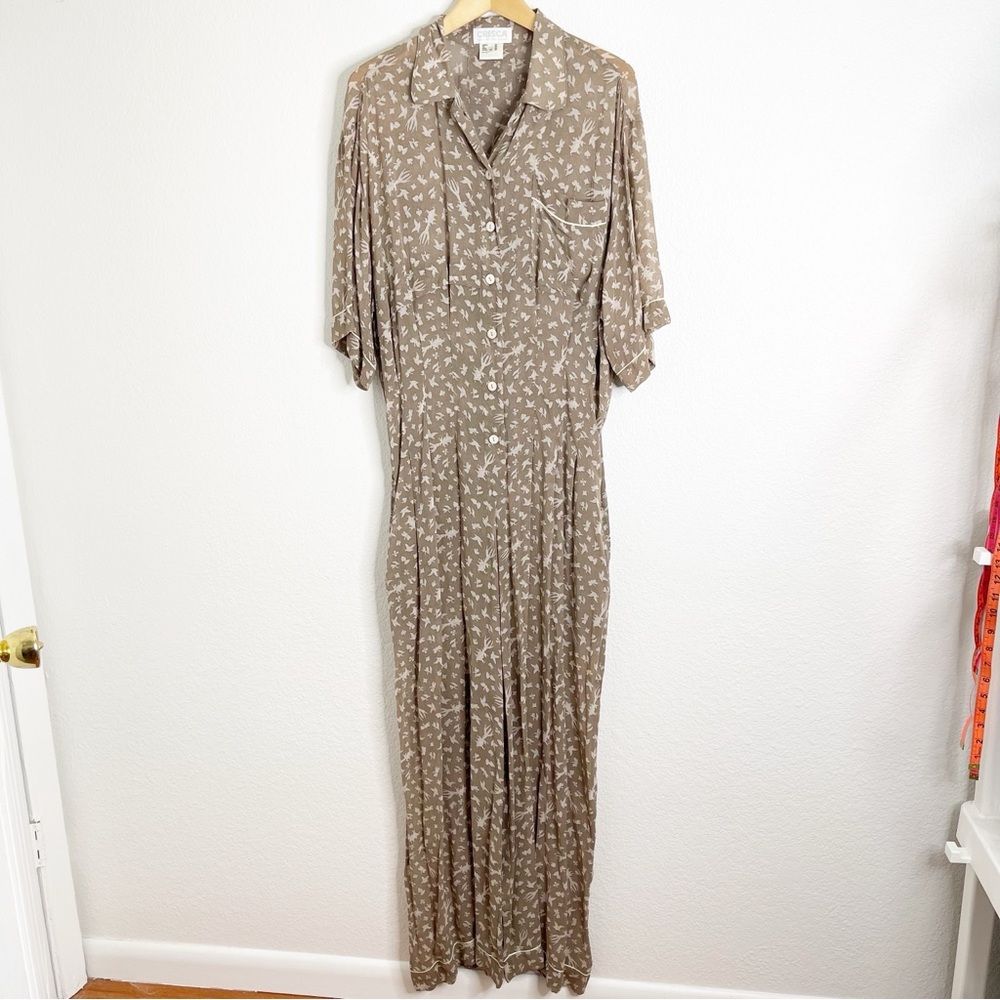 Vintage Crisca Button-Front Jumpsuit Taupe Bird & Floral Print Size 12